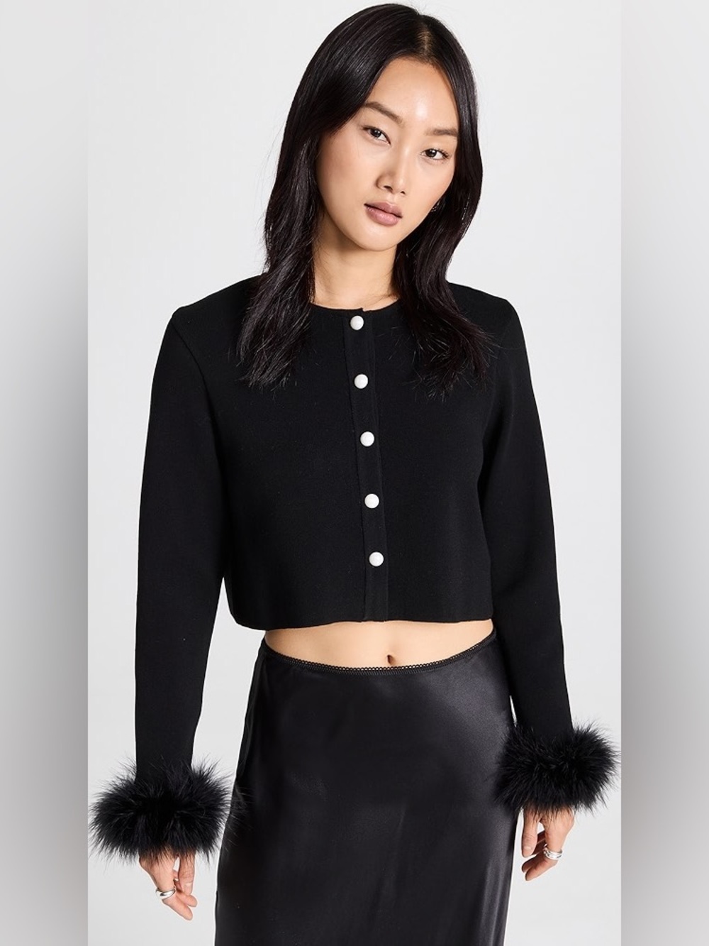 Sleeper Cropped Black Cardigan with Pearl Buttons and Feather Trim
